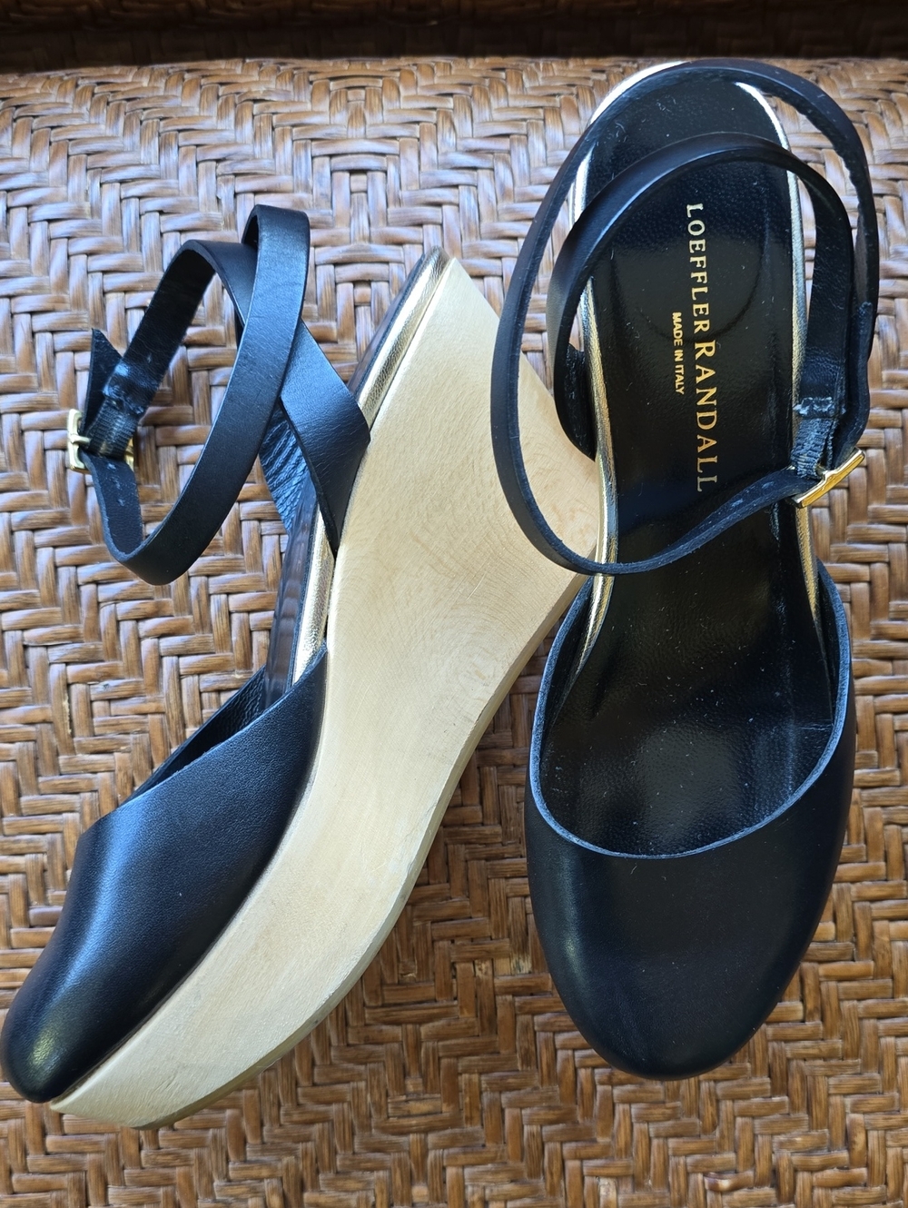 Loeffler Randall Black Leather Ankle-Strap Wedge Sandals with Wood-Tone Heel